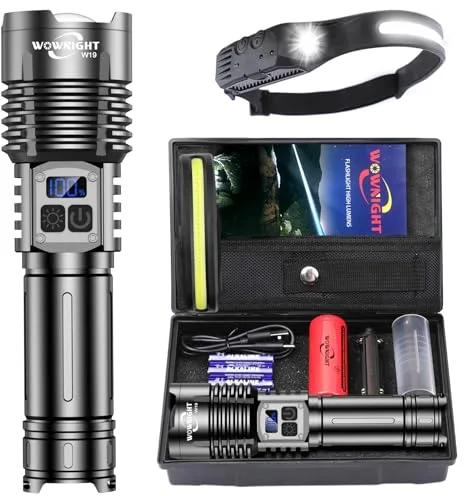 WOWNIGHT Linternas LED Alta Potencia 1000000 Lúmenes, 50W 2 Interruptores Linterna Led Recargable, Linterna Potente Tactica Militar, VariacióN Infinita &IP67 Linternas Potentes para Emergencia Camping