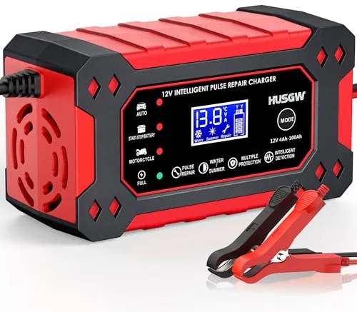 Husgw 12V6A Cargador de Batería de Coche,Cargador de Batería Inteligente con Función de Reparación Automática y Pantalla LCD, para Automóviles,Moto,Camión,AGM,Gel,SLA (2Ah-100Ah) (X6A)