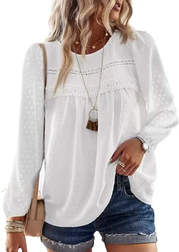 TUUHAW Blusa Mujer Manga Larga Boho Top Elegante con Cuello Redondo Otoño Casual Túnica Punto Suizo Color Sólido Estilo Retro Bordado Encaje Camiseta Básica Informal Suelto Ropa Blanco XL