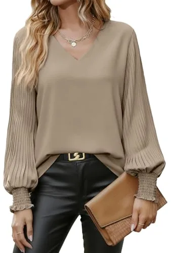 Blusa YUTILA para mujer con mangas arrugadas de gasa elegante con cuello en V, blusa de manga larga suelta con mangas de farol para la oficina y el día a día, caqui, M