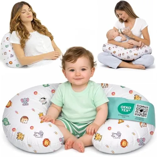 Flowen Cojín Lactancia Bebé y Almohada Embarazada Idea Regalo para Nuevas Mamás con Funda de 100% Algodón Almohada Multifuncional para Apoyo Espalda y Relleno Suave Accesorio de Maternidad