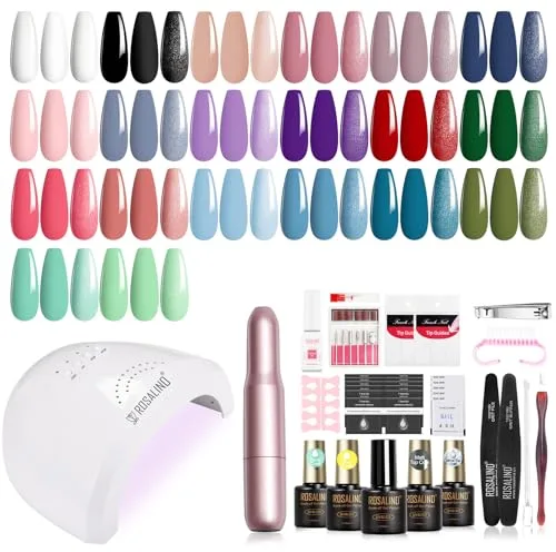 ROSALIND Kit Uñas Semipermanentes con Lámpara 48W, 20+4 Piezas Esmaltes Semipermanentes Blanco Negro Morado Rojo Azul Verde Colores Uñas Semipermanentes Kit Completo Con Lima Electrica Uñas