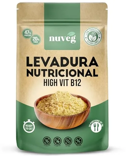 NUVEG Levadura Nutricional B12, Alto Contenido en Fibra, Levadura Nutritiva en Copos Rica en Vitamina B y Proteínas 47%, Nutritional Yeast Sin Gluten, Sin Azucar, Ideal para Queso Vegano, Pack 2, 250g