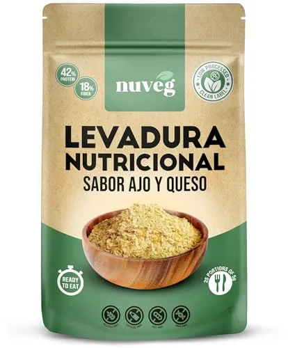 NUVEG Levadura Nutricional Sabor Queso y Ajo, Levadura Nutritiva en Copos Rica en Vitamina B y Proteínas 42%, Nutritional Yeast Sin Gluten, Sin Azucar, Ideal para Queso Vegano, Pack 2, 250g