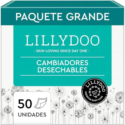 Cambiadores desechables LILLYDOO, delicados con la piel, 60x60 cm, 50 unidades (5x10 unidades), suaves, sin perfumes ni lociones, para pieles sensibles, dermatológicamente testados