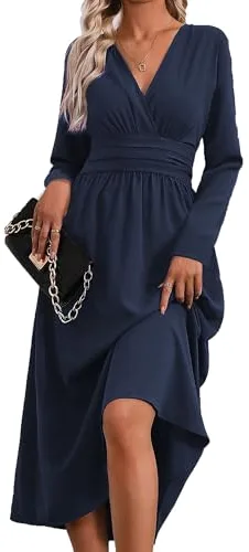 QUNERY Vestido Verano Mujer Vestido Largo Elegante Vestidos Cuello en V Manga Corta/Largo Casual Verano Vestido Elástico B-Azul Marino XL