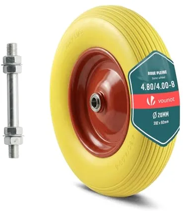 VOUNOT® Rueda de Carretilla Goma Maciza PU Antipinchazos 4.80/4.00-8" Repuesto Neumático Eje Incluido 20mm 392x92mm con Rodamientos Bolas para Carretillas Obra Carros Jardinería Remolque Amarillo-Rojo