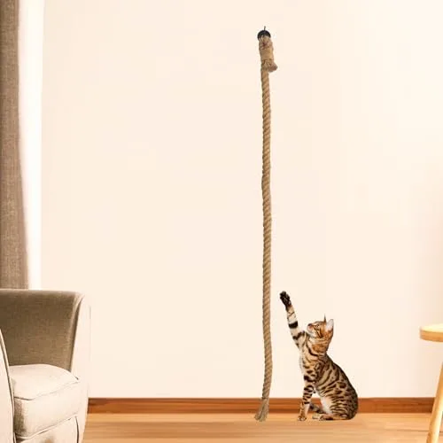Cuerda de escalada para gatos, 3 m de largo, 3 cm de grosor, yute natural, juguete de escalada con ganchos, montaje en pared para gatos en interiores y exteriores, cuerda de repuesto duradera para