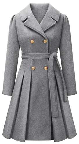 Vancavoo Abrigo Mujer Invierno Casual Abrigos con Cinturón Larga Térmico Abrigos Doble Botonadura Elegantes Coat con Cuello de Solapa Chaquet,Gris,XL