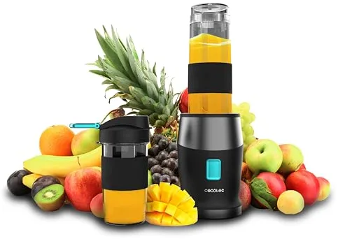 Cecotec Batidora de Vaso Individual Power Titanium 900 ProGo Hand Juice. 900W, 4 Cuchillas Titanio, Pica Hielo, Botella Sport 570ml, Agarre Ergonomico, Tapón Plegable, Asa de Silicona