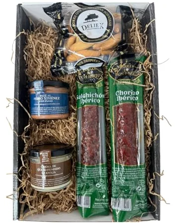 Cesta gourmet para regalar con ibéricos, a elegir con vino, aceite o paté y crema de queso, escoje la caja regalo que mas te guste (Estuche regalo, Paté y crema de queso)