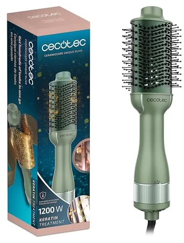 Cecotec Cepillo de Aire Voluminizador CeramicCare Unique Olive. 1200W, Desenreda, Seca, Da Volumen, Alisa y Ondula, Revestimiento Cerámico con Queratina y Aceite de Argán, 3 Modos