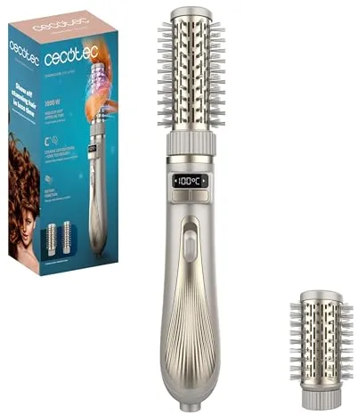 Cecotec Cepillo de Aire con 2 Cabezales CeramicCare 2in1 Gyro. 1000W, Doble Cabezal Cerámico, Función Rotativa e Iónica, Display de Temperatura y Cable 360º