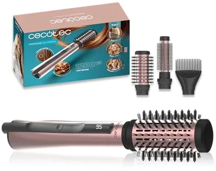 Cecotec Cepillo de Aire con Función Iónica 3 Cabezales CeramicCare 3in1 AirBrush. 1200W, Seca, Moldea y Da Volumen, Pantalla, Revestimiento Cerámica, Cepillos 50mm, 33mm y Voluminizador