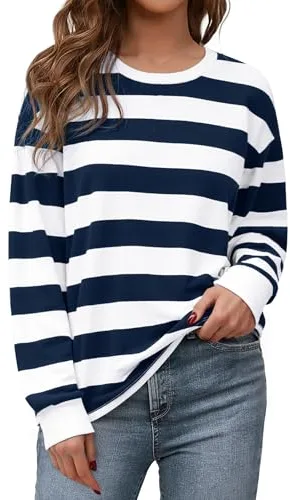 Aottori Sudadera Mujer A Rayas Algodón Camiseta Manga Larga con Cuello Redondo Tops Oversize Casual Básica Sweatshirts sin Capucha Otoño Invierno Azul XXL