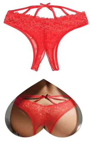 ohmydear Tanga de Encaje Erótica para Mujer Bragas Abiertas de Cintura Baja Ropa Interior Sexy la Entrepierna Abierta Tanga Eróticos Divertida con Correa Cruzada y Lazo