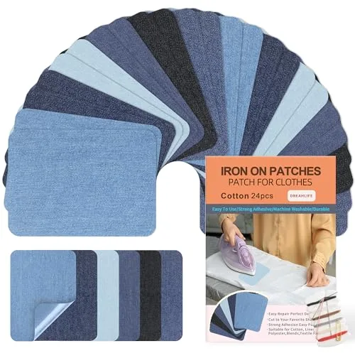 Parches para Ropa Termoadhesivos, 24 Piezas Tela de Parches de Jean, Algodón Plancha Interior & Exterior Kit de reparación para Chaquetas, Vaqueros, Pantalones 7.5 cm x 10.5 cm(Tonos de Azul)