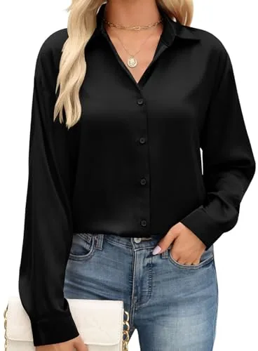 PASUDA Camisas Mujer Elegantes Blusas Manga Larga Raso Camiseta Otoño Informal Botón Camisa Moda Cuello en V Túnica Tops Casual Fiesta Empresa Trabajo Blusa(Negro,M)