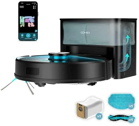 Cecotec Robot Aspirador y Friegasuelos con Base de Autovaciado Conga Y50 X-Treme. Navegación Láser, Potencia de Succión 5000Pa, Base con Depósito 3L, Cepillo Multifunción, App