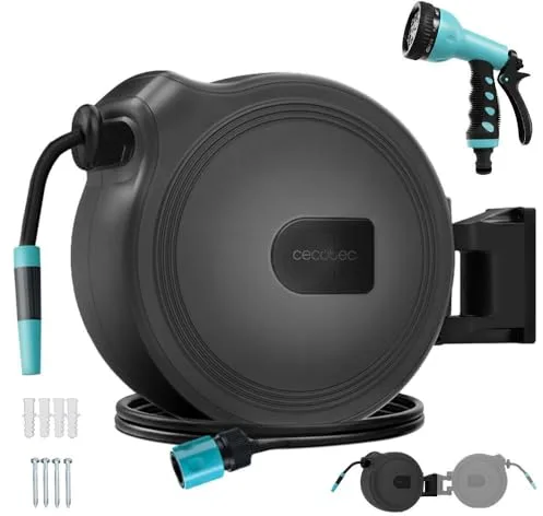 Cecotec Carrete de Manguera de 30m HydroShell 30. Enrollador Automático con SlowReturn Technology, Portátil y Ergonómico, Incluye Boquilla Simple y Pistola Pulverizadora, Conexión Universal 3in1