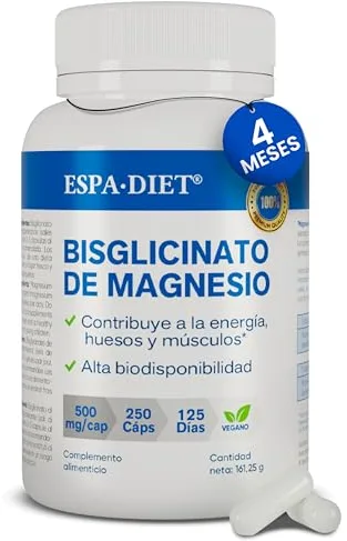 Bisglicinato de Magnesio puro - Alta biodisponibilidad y efecto rápido - Sueño Reparador, Energía, Soporte Óseo-Muscular y Concentración - Magnesio asimilable 250 cápsulas para 4 meses
