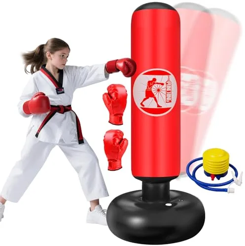 Qoosea Saco de Boxeo Niños 6-12 Años, 160cm Saco de Boxeo de Pie con Bomba de Aire y Guantes de Boxeo, Bolsa de Boxeo Inflable Estable para Karate, Kickboxing, MMA, Regalo Ideal para Niños y Niñas
