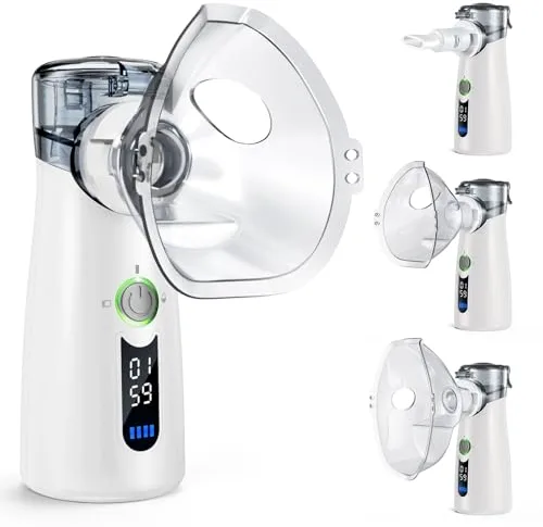 Bntath Nebulizador Silencioso, Recargable USB-C, Máquina de Nebulizador Para Adultos y Niños, Con Pantalla Digital, Nebulizadorultrasónico Con 2 Máscaras y Una Boquilla – Gris