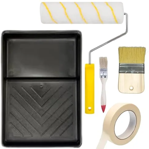 Kit Rodillo Pintura Pared Pelo Corto Antigoteo sin Salpicaduras, Cinta de Carrocero, Brochas Pintura, Cubeta | para Esmaltes, Pinturas Plásticas y Decorativas (6 Piezas, Plástico, Bandeja 30cm)