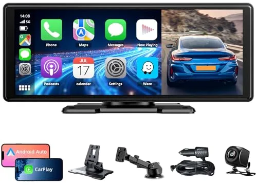 CGSGDK 10.26'' Pulgadas Pantalla Carplay Coche, Pantalla de Coche con CarPlay y Android Auto Inalámbricos, Cámara Trasera HD 1080P, Bluetooth, Mirror Link, Navegación GPS, FM, AUX