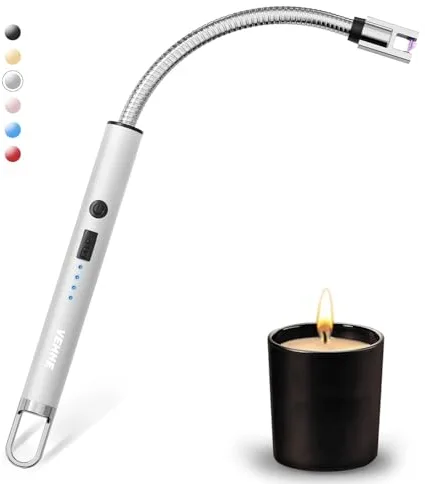 VEHHE Encendedor de velas, encendedor eléctrico USB recargable con pantalla de batería LED, encendedores de cuello flexible largo para velas, camping, barbacoa (plateado)