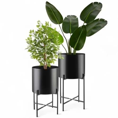 tectake® Maceteros Decorativos Interior, Maceteros Grandes Exterior, Decoracion Hogar, Macetero Alto, Soporte Plantas Interior, Acero Resistente con Revestimiento en Polvo - Set de 2 Negro