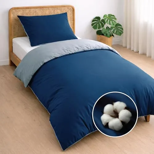 Dreamzie Funda nordica Cama 90/105 Algodon - Funda edredon 140x200 con Cierre + 1 Funda Almohada 65x65 - Juego de Cama Liso y Reversible - Azul Oscuro