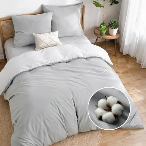 Dreamzie Funda nordica Cama 150/160 Algodon - Funda edredon 220x240 con Cierre + 2 Fundas Almohada 65x65 - Juego de Cama Liso y Reversible - Gris Claro