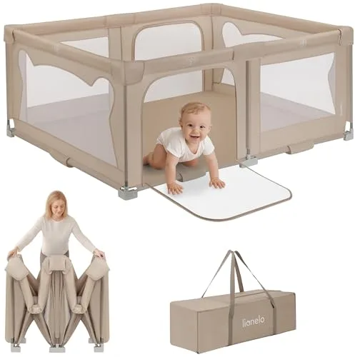 Lionelo Florence Easy Fold – Parque infantil/corralito plegable para bebé 150×180×75 cm, 0-48 meses, fácil plegado, 2 entradas con cremallera, malla transpirable, portátil con bolsa de viaje