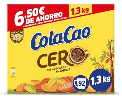 ColaCao Cero, Cacao Soluble sin Azúcares Añadidos, 1,3 kg, 92 Raciones