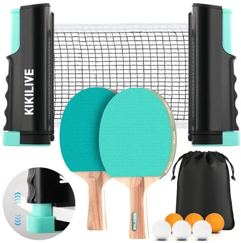KIKILIVE Set de Ping Pong con Red Extensible, 2 paletas, 6 Pelotas y Bolsa de Transporte: el Juego portátil Ideal para Interiores y Exteriores, Familia, Ocio y Entrenamiento.