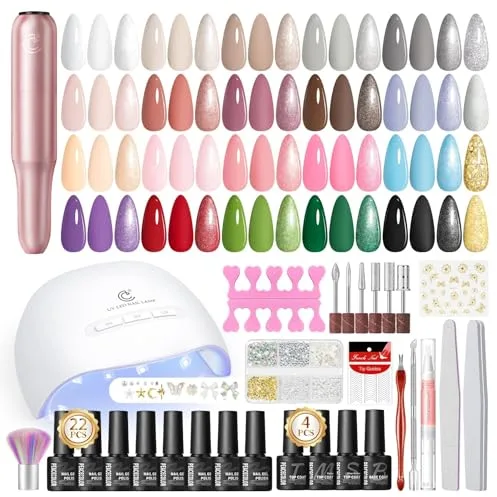 PEACECOLOR 38PCS Kit Uñas Semipermanentes, 22 Pintauñas Semipermanentes con Lampara Uñas y Torno para Uñas, Base Top Coat Brillante y Mate, Kit Manicura Nail Art Regalo