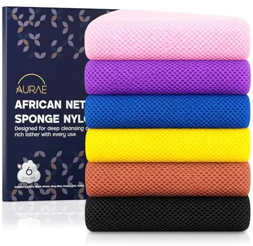 AURAE African Sponge Set de 6 piezas – Auténtica Esponja Africana Exfoliante para Baño y Ducha, Suave, Duradera y de Secado Rápido, Exfoliante Corporal y para Espalda – Juego de 6 Colores