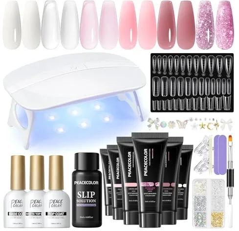 PEACECOLOR Kit Gel de Extensión de Uñas Set con Portátil U V Lámpara 6 Colores Blanco Transparente Rosa Extensión Nail Kit Uñas de Gel con Capa Top y Base Completo para Principiante Nail Art