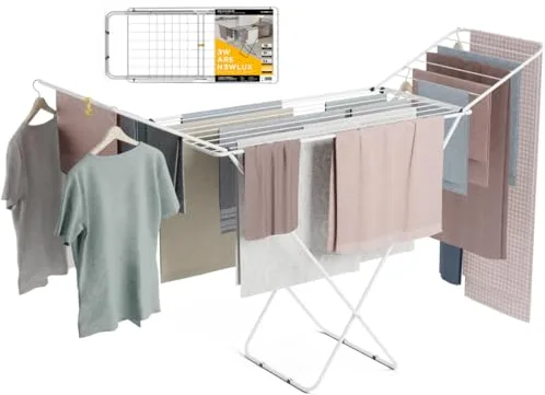 Newlux - Tendedero Plegable con Alas Stand V20, 180x55x112 cm, 19 Metros de Capacidad. Tenderete de Ropa Plegable Metálico con Rail Deslizante, Soporta 17 Kg, Ideal para Interior y Exterior, Blanco