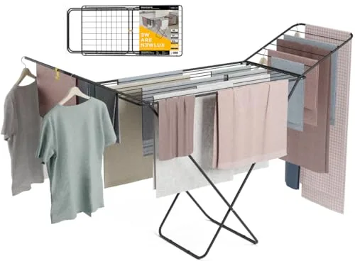 Newlux - Tendedero Plegable con Alas Stand V20, 180x55x112 cm, 19 Metros de Capacidad. Tenderete de Ropa Plegable Metálico con Rail Deslizante, Soporta 17 Kg, Ideal para Interior y Exterior, Negro