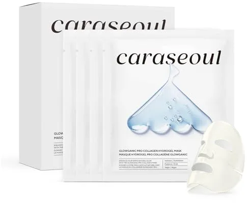 caraseoul Glowganic Pro Colágeno Mascarilla Facial Hidrogel - Niacinamida (Vitamina B3) y Adenosina, Hidratante e Iluminadora, Minimiza Poros, Skincare Coreano, Vegana, Mascarillas de Noche [4 Piezas]