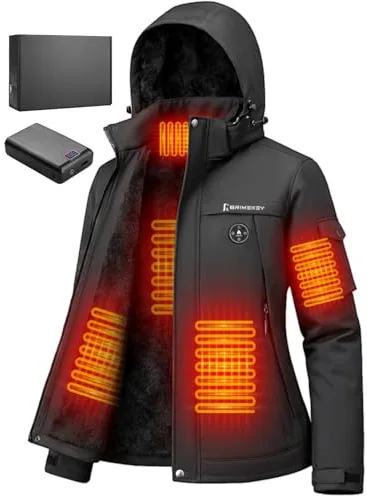 Brimekey Chaqueta Calefactable de Esquí Mujer con Capucha, Impermeable y Cortaviento, Forro Polar, Batería 20000mAh, 6 Zonas de Calefacción, 3 Niveles de Temperatura para Esquí y Senderismo(Negro)