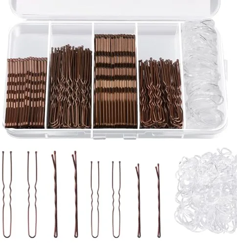 200 Piezas Horquillas para El Pelo, 100 Diademas, Cabello Onduladas de Metal, Horquillas en Forma, de U Horquilla Invisible Para Mujeres y Niñas, Moños Largos, Rizados(Brown)