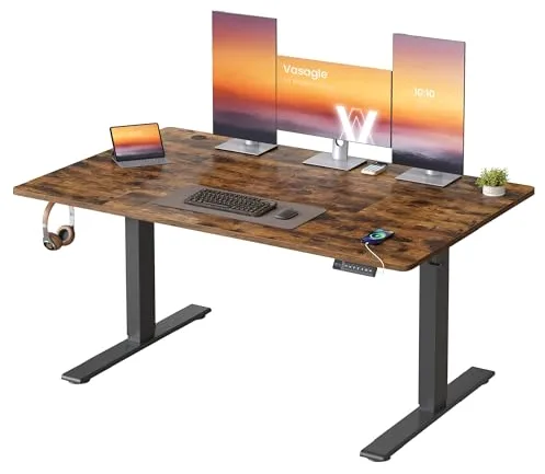 VASAGLE Escritorio Ajustable en Altura, 140 x 80 cm, Puerto USB-C, Estante para Regleta Eléctrica, Recordatorio de Sedentarismo, 3 Botones de Memoria, para Oficina, Marrón Rústico LSD144KD02