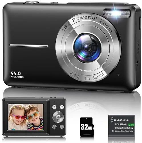 Cámara Digital 1080P Cámara de Fotos 44MP Camara Fotos Digital Cámara Digital Compacta con Zoom Digital 16X, Pantalla LCD de 2,4", Tarjeta de Memoria de 32G, 1 Batería para niños, Adolescentes