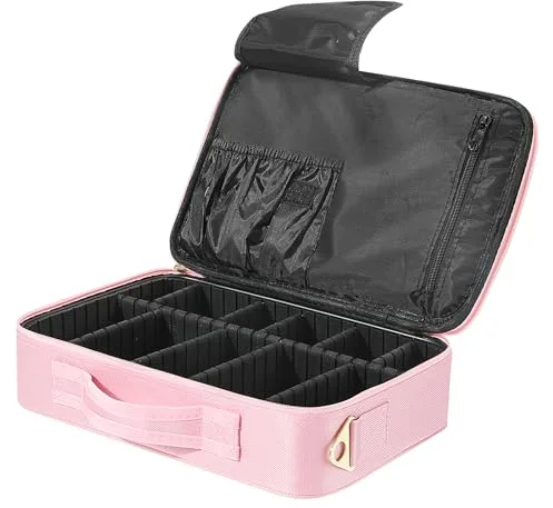 Luxspire Gran Neceser de Viaje con Asa Ajustable, Organizador de Maquillaje de 3 Compartimentos, Bolsa de Aseo con Cremallera para Mujeres y Profesionales, Rosa