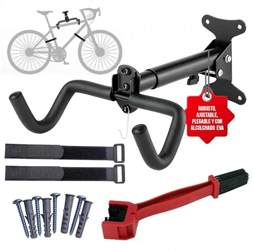 MARFRAND Soporte Bicicletas Pared - Ajustable, Plegable y Acolchado de goma EVA - Colgar Bicicletas Pared – Cepillo para limpieza de la cadena y cambios – Ideal para Garajes y Pisos Reducidos.