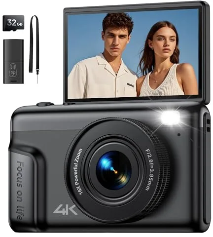 Camara de Fotos Digital 4K Compacta: 64MP Cámara Digital con Pantalla Abatible Flip180° De 3" Vlogging Camaras Fotográfica con 16X Zoom 32GB Tarjeta para Niños Principiantes Adultos Estudiantes Negro