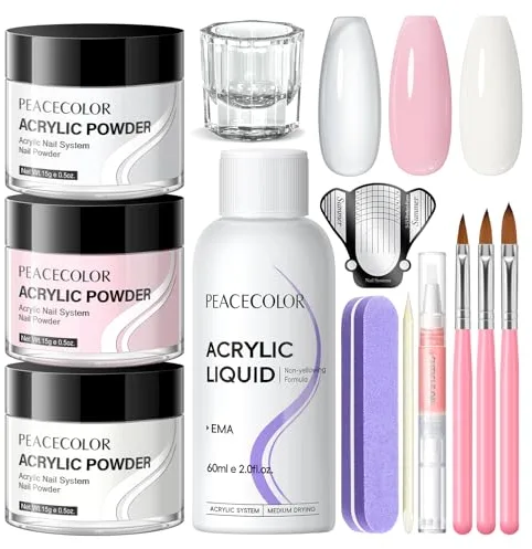 PEACECOLOR Kit Uñas Acrilicas Blanco Transparente Rosa Líquido Acrílico con Pinceles Herramientas de Manicura Kit Profesional Para Uñas Set Acrílico Para Uso DIY Doméstico y Salones Manicura